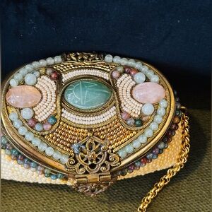 Vintage Beaded Embellished Clutch Stone and Brass Trim